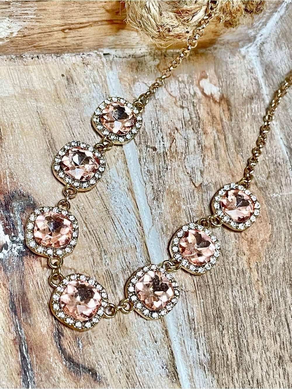 Gold-Tone Necklace with Rose Pink Crystal Stations